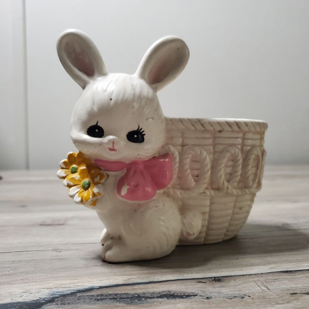 Vintage Lefton Ceramic Bunny Rabbit Basket Planter Japan Foil Label 4.5" Easter
